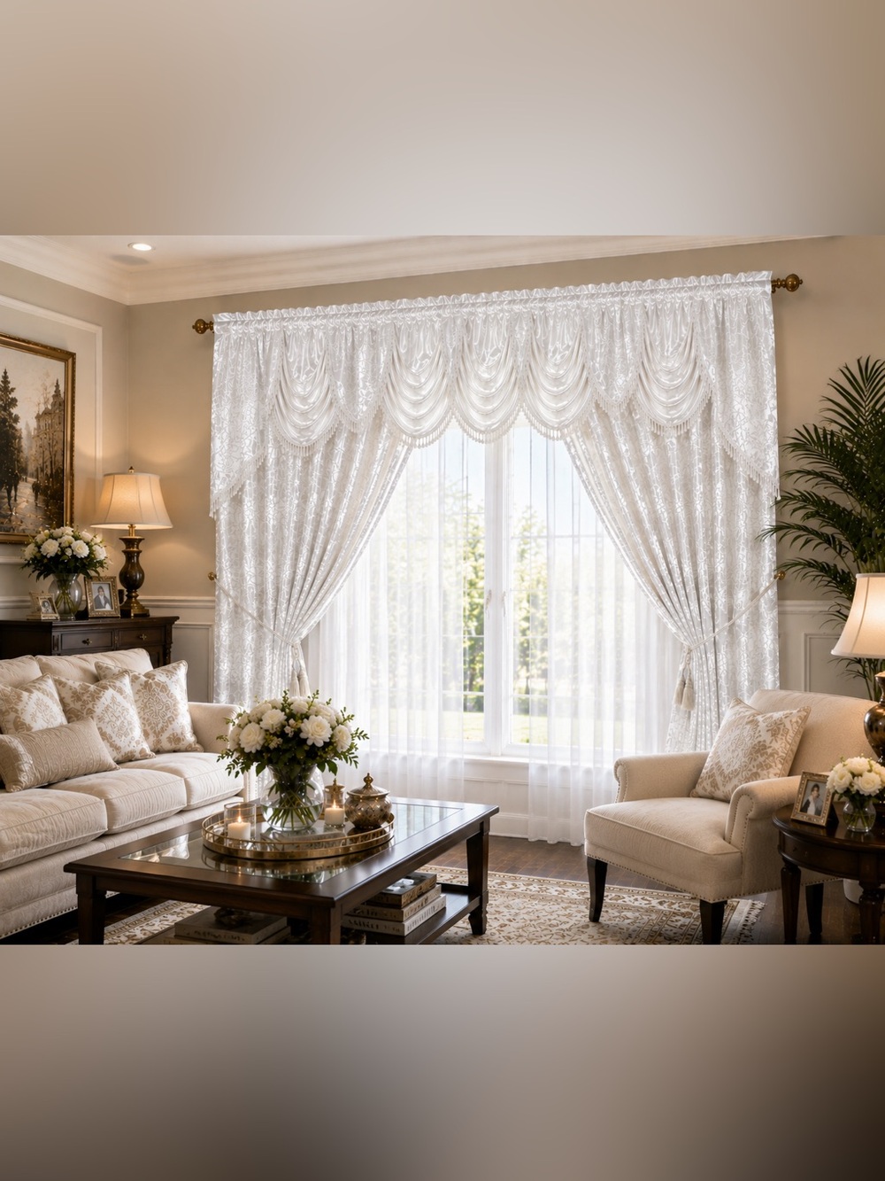 Elegant White Layered Curtain Set – 55” W x 84” L